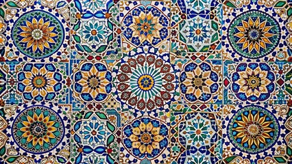 Background of a tile with intricate mosaic patterns, tile, background, mosaic, texture, design, flooring, decorative