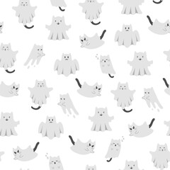 Cute halloween pattern with ghost cats and stars on white background. Vector flying Halloween characters, cartoon kittens spirit. Kawaii ghost print for fabric texture, wrapping paper, greeting card.