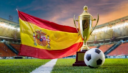 Fototapeta premium Spain flag with football and cup trophy in a stadium for the European Championship