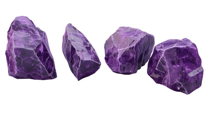 Pack of rough purple stones for geology and decoration Isolated on transparent background