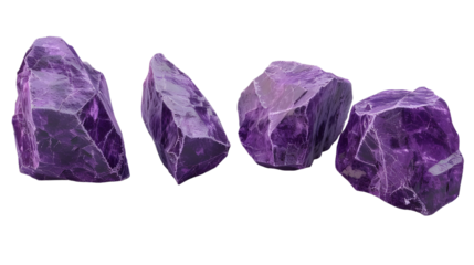 Pack of rough purple stones for geology and decoration Isolated on transparent background