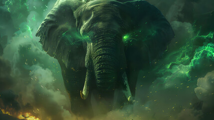Animal Face to face, Damon Elephant, a roar and eyes of anger. green beams of light from the eyes