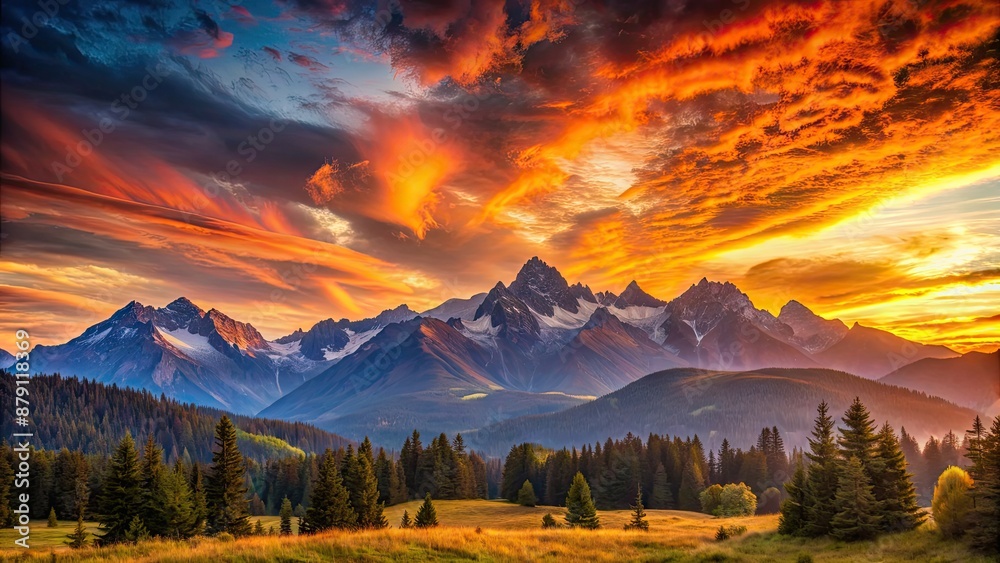 Sticker A stunning sunset casting warm hues over majestic mountains, sunset, mountains, dusk, evening, sky, colors, landscape, nature