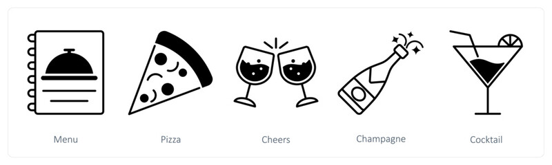 A set of 5 Party and Celebration icons as menu, pizza, cheers