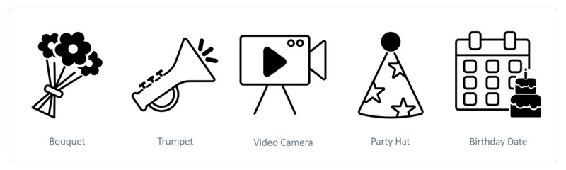 A set of 5 Party and Celebration icons as bouquet, trumpet, video camera