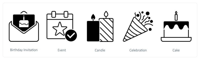 A set of 5 Party and Celebration icons as birthday invitation, event, candle