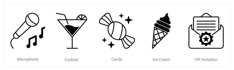A set of 5 Party and Celebration icons as microphone, cocktail, candy