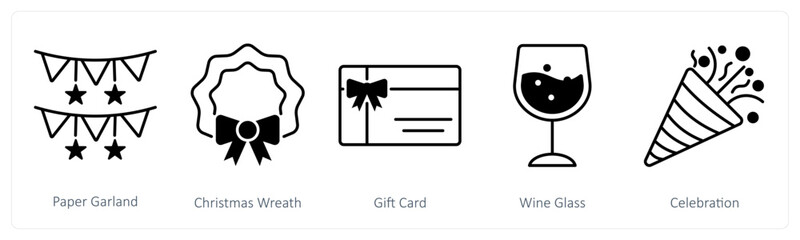 A set of 5 Party and Celebration icons as paper garland, christmas wreath, gift card
