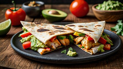 Mexican quesadillas with copy space on colorful background