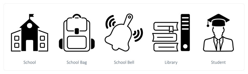 A set of 5 School and Education icons as school, school bag, school bell