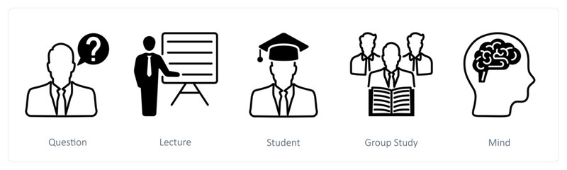 A set of 5 School and Education icons as question, lecture, student