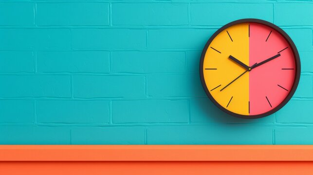 A colorful clock on a teal brick wall with an orange trim. The clock face is split in half, with yellow on the left and pink on the right.