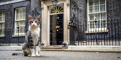 10 Downing Street Chief Mouser cat posing in front of the famous residence, cat, pet, animal,...