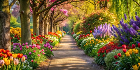 Fototapeta premium A serene path lined with colorful flowers, gently swaying in a spring breeze, flowers, path, spring, breeze, serene, colorful