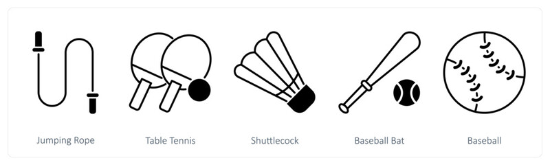 A set of 5 Sports and Fitness icons as jumping rope, table tennis, shuttlecock