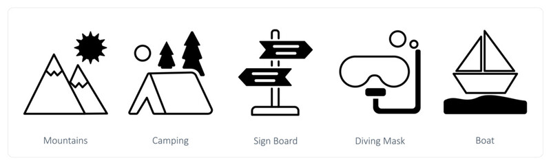 A set of 5 Summer and Travel icons as mountains, camping, sign board
