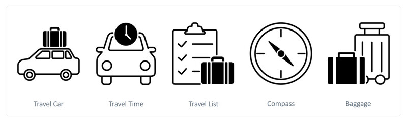 A set of 5 Summer and Travel icons as travel car, travel time, travel list