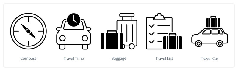 A set of 5 Summer and Travel icons as compass, travel time, baggage