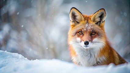 Naklejka premium Closeup of a fox in a winter setting with snow and ice , fox, winter, snow, ice, cold, furry, animal, wildlife, closeup
