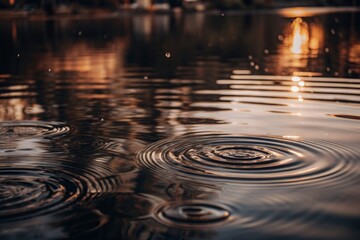 a calm lake with gentle raindrops creating ripples on the water's surface