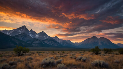 Fototapeta premium Beautiful landscape of rocky mountains at sunset