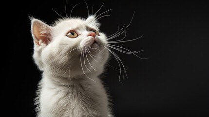 White Tabby Cat Making Funny Faces on Black Background concurrently Scottish Fold Kitten Gazing in Studio Empty bellied White Cat with Copy Space
