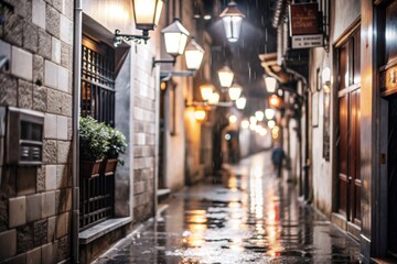 a narrow alleyway in an old town, glistening with rain and illuminated by soft streetlights.