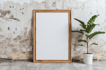 Blank wooden frame mockup against a rustic wall with a potted plant.  Perfect for showcasing artwork, photos, or text.  Minimalist and stylish.