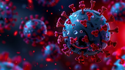 Detailed close-up of coronavirus particles showing red spike proteins and blue membrane, representing the COVID-19 virus.