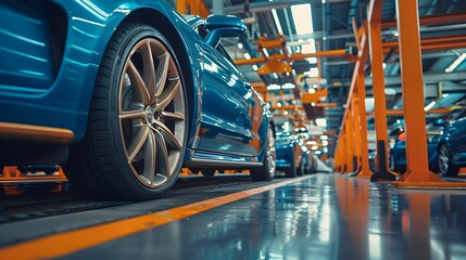 Fototapeta premium Mass production assembly line of modern cars in a busy factory