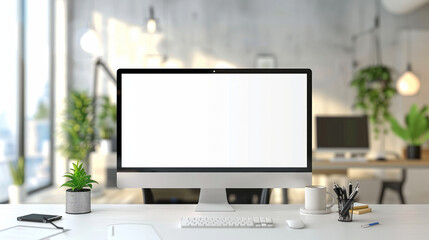 Obraz premium White logo frame with modern office background. Use it as a banner with copy space area.