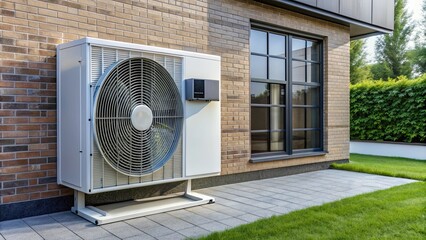 Air source heat pump installed outside a residential building, renovations, energy-efficient