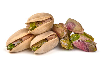 Pistachio nuts, isolated on white background. High resolution image.