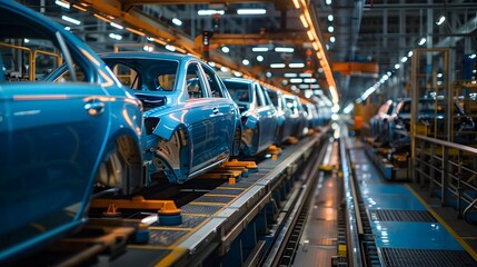 Naklejka premium Mass production assembly line of modern cars in a busy factory