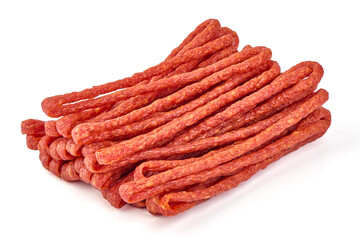 Kabanos thin dry sausage, snacks for beer, isolated on the white background.