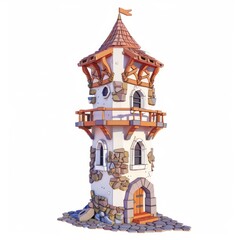 3D Render, Low Poly style of a medieval alchemist's tower, on isolated white background, Generative AI