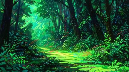 Fototapeta premium abstract forest illustration, anime green trees forest landscape, anime wallpaper, sunlight on pathway, forest pathway