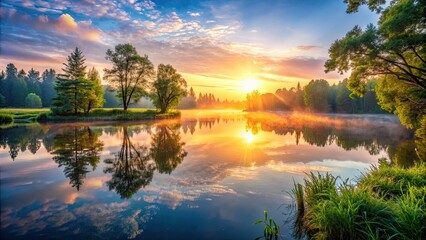 A serene sunrise over a tranquil lake, with soft light illuminating the water and surrounding trees , tranquil, sunrise, lake