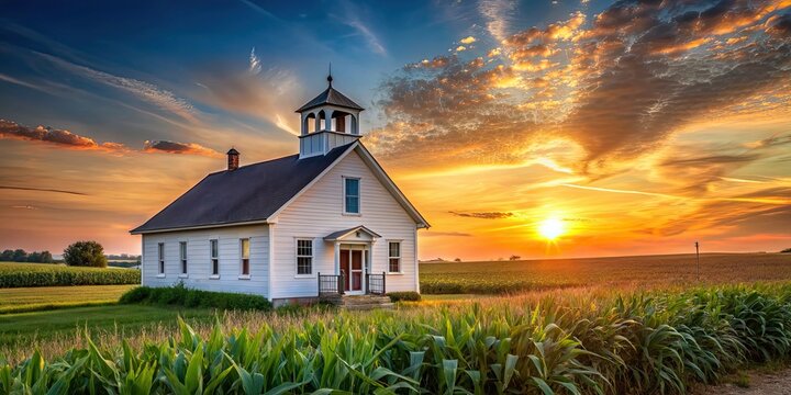 Amish schoolhouse in a cornfield at sunset, Amish, schoolhouse, cornfield, sunset, rural, countryside, education
