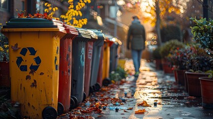 Naklejka premium vibrant colored recycling bins with recycle symbol