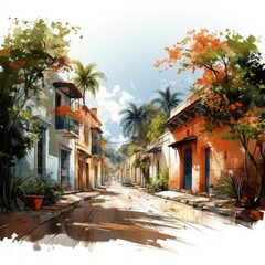Pastel-Colored Illustration of Antigua's Colonial Cityscape