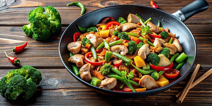 Chicken and mixed vegetables stir-fry in a skillet , stir-fry, chicken, vegetables, cooking, skillet, healthy, meal, dinner