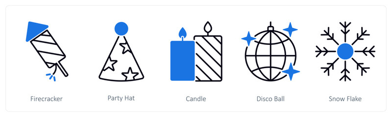 A set of 5 Party and Celebration icons as firecracker, party hat, candle