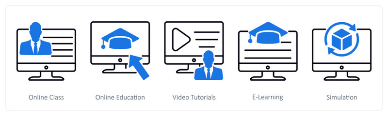 Fototapeta premium A set of 5 School and Education icons as online class, online education, video tutorials