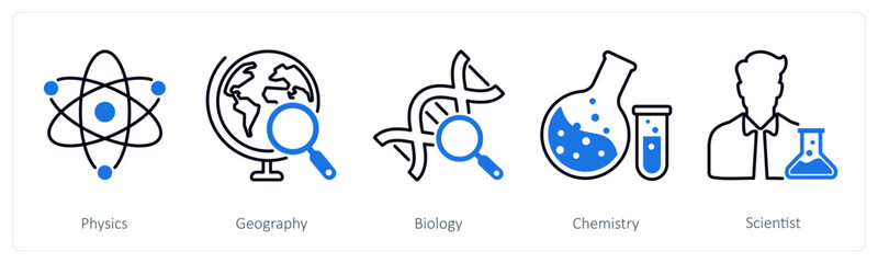 A set of 5 School and Education icons as physics, geography, biology