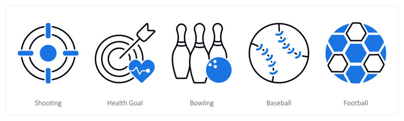 A set of 5 Sports and Fitness icons as shooting, health goal, bowling