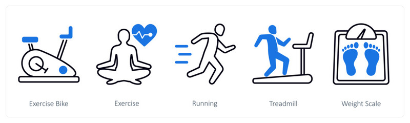 A set of 5 Sports and Fitness icons as exercise bike, exercise, running