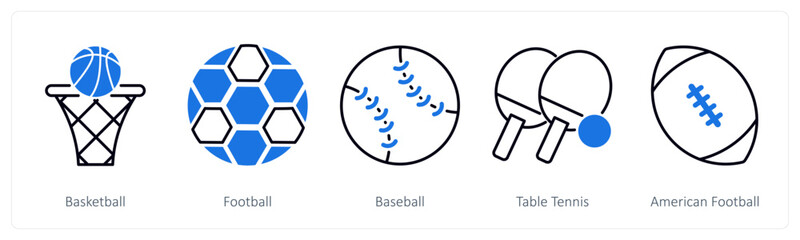 Fototapeta premium A set of 5 Sports and Fitness icons as basketball, football, baseball