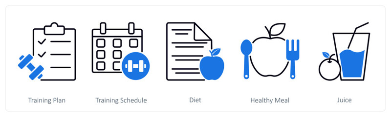 A set of 5 Sports and Fitness icons as training plan, training schedule