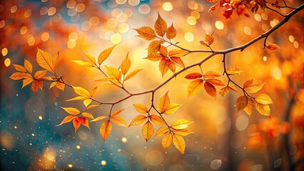 Fototapeta premium Beautiful autumn leaves branch with orange foliage in dreamy bokeh sunlight background creating a magical fall season atmosphere